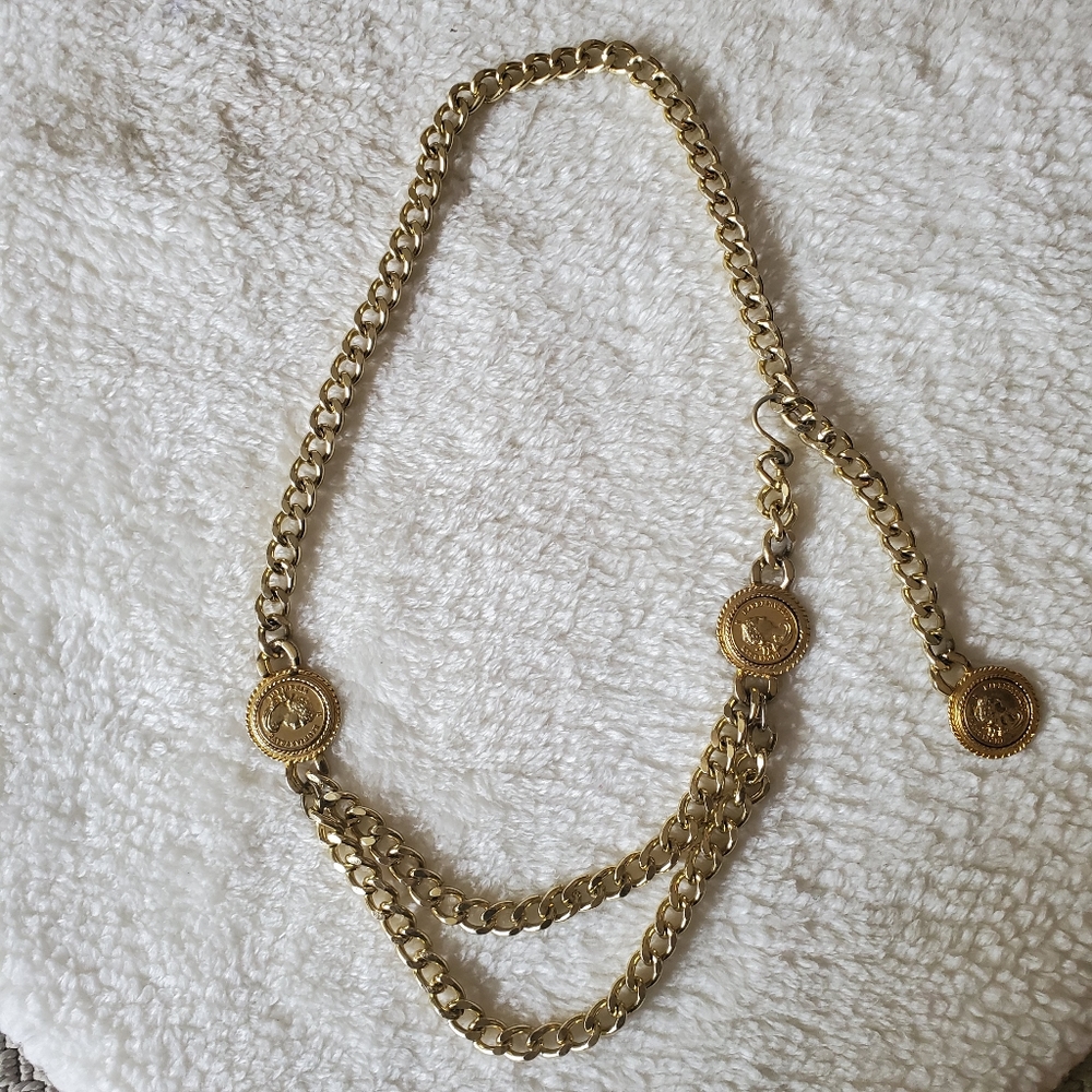 80'S Gold Plate & Roman Coin Chain Link Belt/Necklace By, Omega